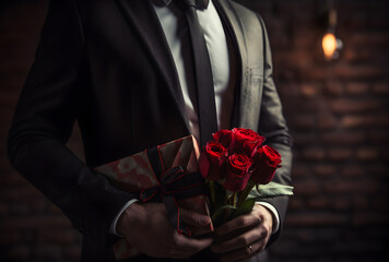 Elegant Man with Roses and Gift for Valentine's Day