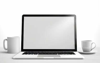 Fototapeta premium Laptop computer and coffee cup on white table in bright living room white tone