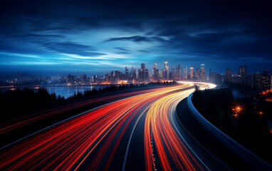 Highway in the city at night with fast moving car light trails
