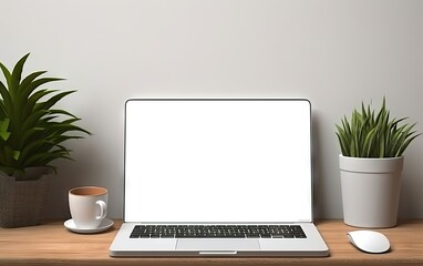Notebook computer screen blank mockup, white background on white table in minimal office room with...