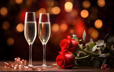 Romantic Toast: Champagne Flutes with Roses for Celebration