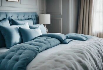 Blue pillows on bed French country interior design of modern bedroom