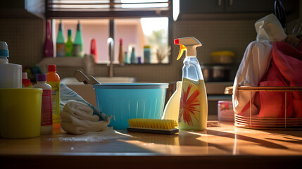 Spring Cleaning Essentials: Cleaning Supplies on Kitchen Counter - obrazy, fototapety, plakaty