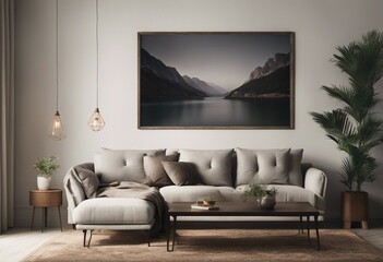 Grey sofa near beige stucco wall and big poster frame on it Boho rustic interior design of modern living room