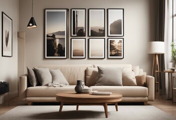 Lounge chairs and round wooden coffee table against beige wall with mock up poster frames