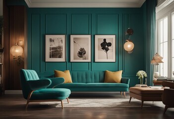 Lounge chairs and sofa against teal classic paneling wall with art posters Mid-century style home