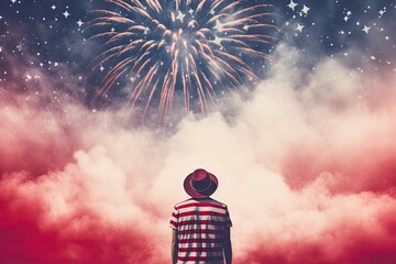 man in cowboy hat watching fireworks over the city - obrazy, fototapety, plakaty
