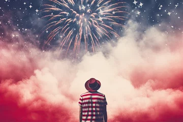 Papier Peint photo Lavable Etats Unis man in cowboy hat watching fireworks over the city
