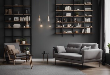 Sofa and lounge chair against grey wall with rustic shelves Scandinavian home interior design