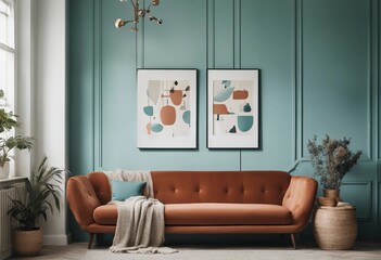Teal sofa and terra cotta armchair against white wall with art posters Scandinavian style home interior