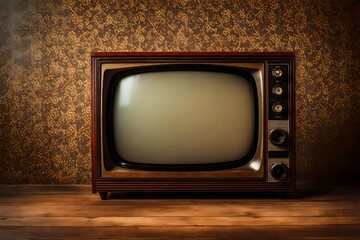 vintage wooden TV in old room with wallpaper