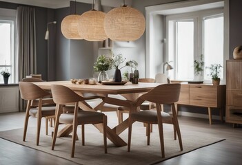 Wooden setted dining table and chairs in Scandinavian interior design of modern dining room