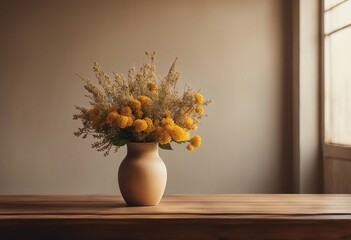 Wooden table with vase with a bouquet of dried field flowers near empty blank mustard wall Home interior