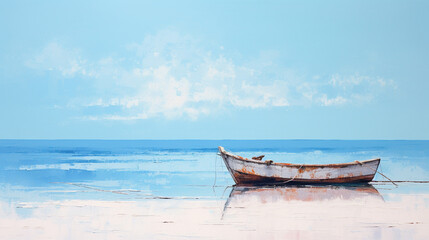 Fototapeta premium Painting of a lonely boat on the seashore