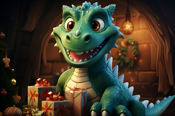 Green dragon on festive New Year background generated AI