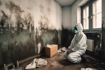 person with full body protection suit investigates mold infestation in apartment - obrazy, fototapety, plakaty