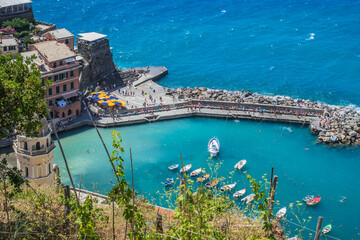 Blurred vine leaves overlooking boats in marina and breakwater with silhouettes of people, Vernazza...
