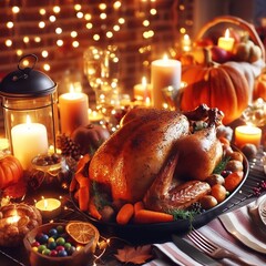 Turkey perfectly baked ready for thanks giving dinner with a warm ilumination.