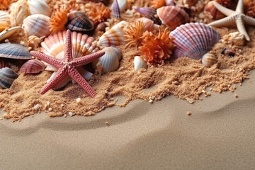 Fototapeta na wymiar Sea summer holidays concept. Sea sand with colorful starfishes, seashells, corals and dry seaweed. Greeting card from your seaside vacations.