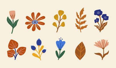 Fototapeta premium Set of vector silhouettes of bright leaves and original flower. Isolated on a white background. Drawing sketches of leaves. Silhouettes of flower flora. 