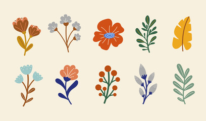 Set of vector silhouettes of bright leaves and original flower. Isolated on a white background. Drawing sketches of leaves. Silhouettes of flower flora.  - obrazy, fototapety, plakaty