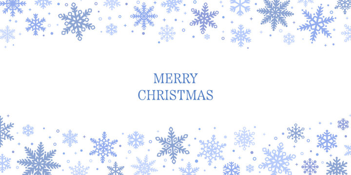 Merry Christmas greeting banner with snow flake borders, white and blue winter background, vector wallpaper design.