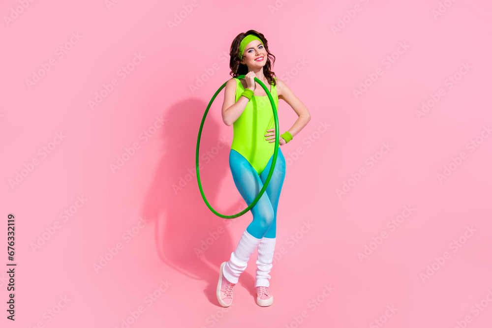 Poster photo of happy professional athlete gymnastics trainer lady hold hula hoop for practice isolated on 