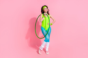 Photo of happy professional athlete gymnastics trainer lady hold hula hoop for practice isolated on pastel color background - Powered by Adobe
