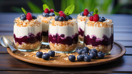 Vegan coconut and blueberry cheesecakes in glasses