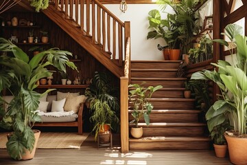 Fototapeta na wymiar A tropical-themed room with a wooden staircase and indoor plants
