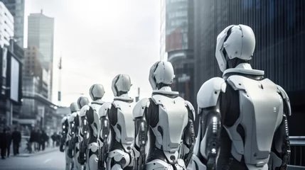 Fotobehang army of robots is approaching a big city. invasion of military robots. Dramatic apocalypse super realistic concept. Future. © zayatssv