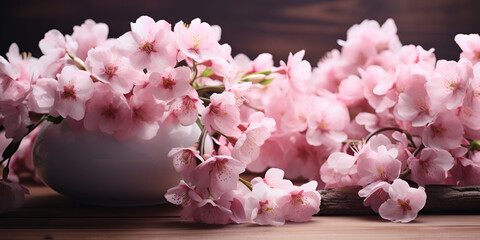 Sakura flowers or Cherry blossoms in full bloom on a pink background and backdrop, copy space for text, good as banner and wallpaper, season greetings, and other design material with generative ai