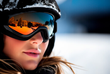 Close-up portrait of an alpine skier wearing a helmet and ski googles, capturing the essence of alpine skiing, winter activities, and sports. - obrazy, fototapety, plakaty