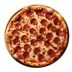 Pepperoni pizza seen from above on transparent background. Isolated png. Generative AI