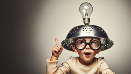 Inventive Child with Bright Idea Light Bulb Helmet. - obrazy, fototapety, plakaty