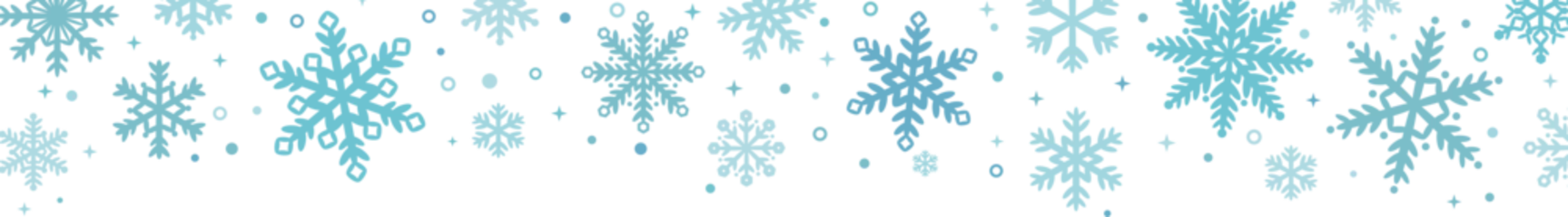 Fotobehang Snow fall greeting banner with blue hand drawn snow flake elements, vector border for the winter holidays, isolated clip art © Kati Moth