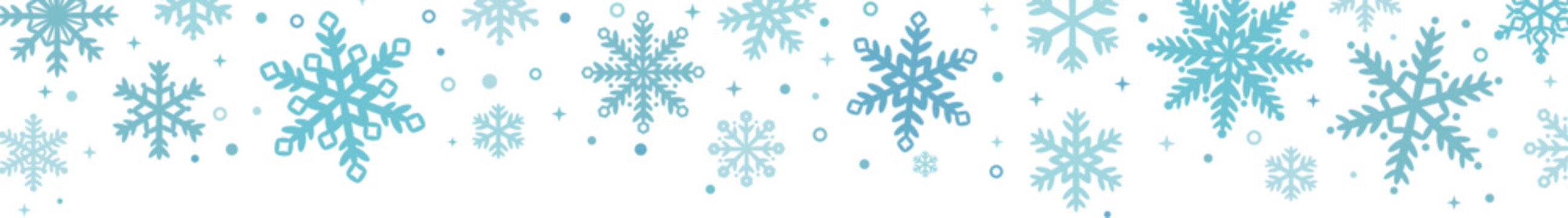 Snow fall greeting banner with blue hand drawn snow flake elements, vector border for the winter holidays, isolated clip art
