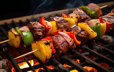 Barbecue, BBQ skewers of kebab meat and vegetables on an fire grill.