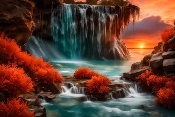 Fototapeta na wymiar A cascading waterfall of aquamarine and coral against a fiery horizon