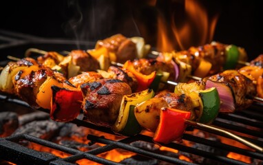 Barbecue, BBQ skewers of kebab meat and vegetables on an fire grill.