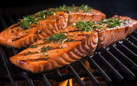 Salmon fillet grilled on a charcoal grill with a low heat, healthy food