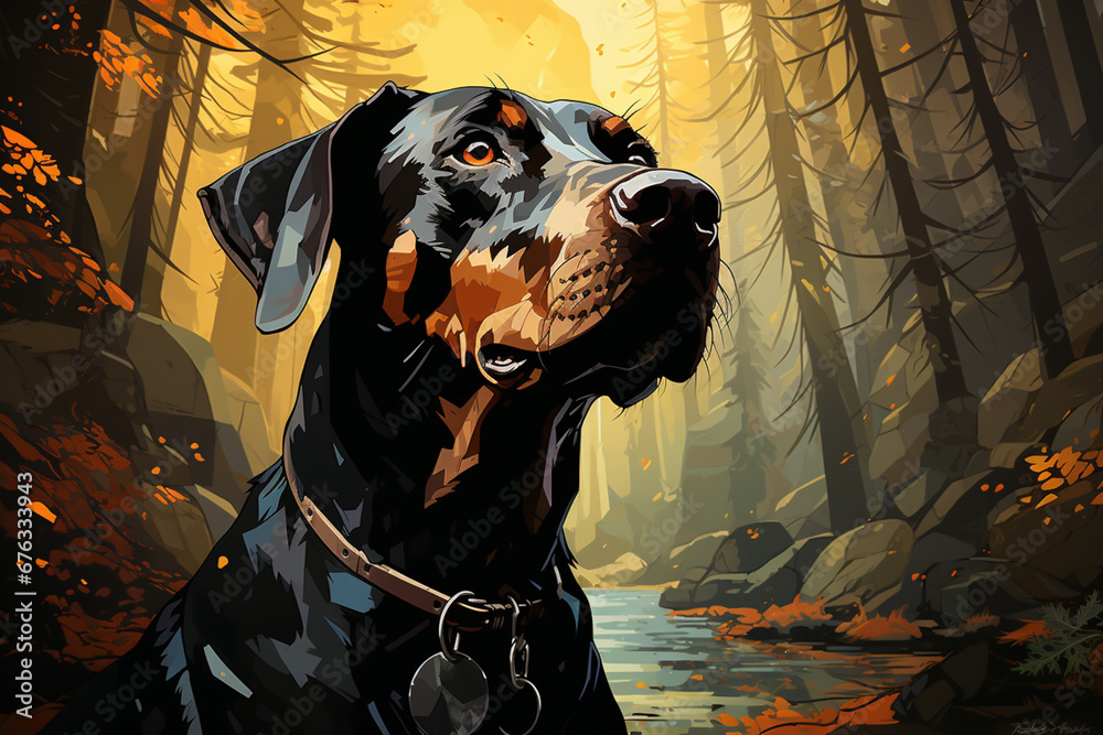 Poster snapshot of a doberman in a contemplative pose, capturing its thoughtful and observant nature.