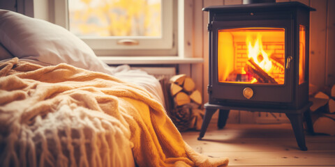 Cozy bedroom with burning fireplace in it. - obrazy, fototapety, plakaty