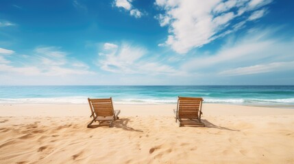 Wooden sun loungers on the sand of a deserted beach facing the sea on a beautiful day