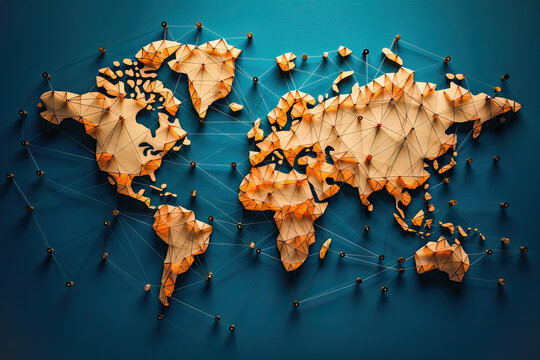 World map connected by threads and thumbtacks. Logistics concept