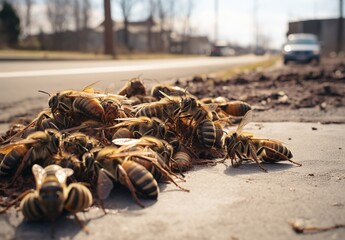 Obraz premium Dead bees on dusty road near the roadway, mass poisoning of bees concept macro photo Generative AI