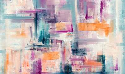 Bright abstract painting on canvas for cover, with accents of purple and orange paint, hand-drawn artwork in a modern style