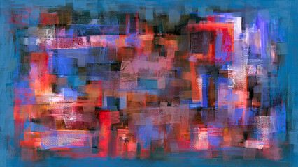 Abstract paint strokes, dark oil painting on canvas, artistic texture with blue, red and orange accents