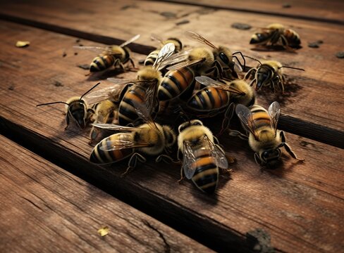 Dead and alive honey bees on wooden boards, use of bees and bee products for different purposes, death of bees concept Generative AI