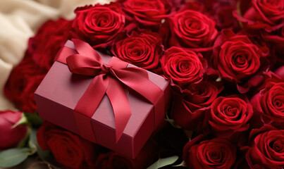 red roses and gift box